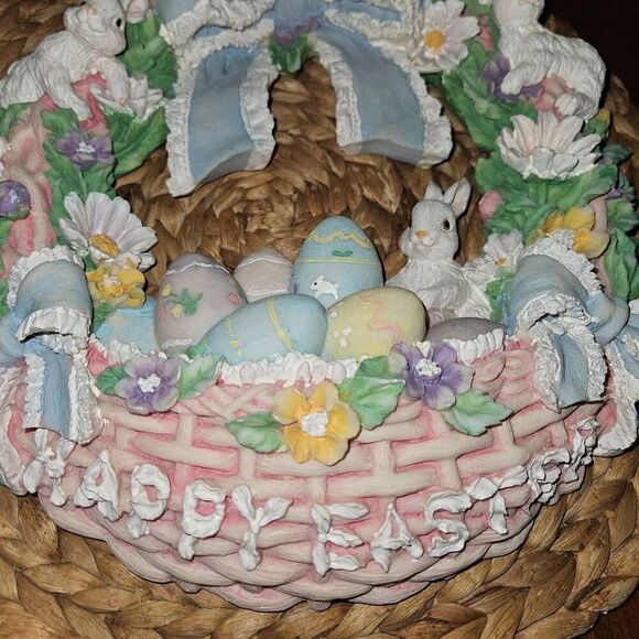 Vintage 1990’s Hand Painted 11” Resin HAPPY EASTER Wreath: Bunny Spring Flowers - Picture 2 of 5